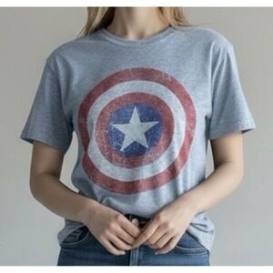 Marvel Captain America Shield Graphic T-Shirt Blue Distressed Logo Womens Medium